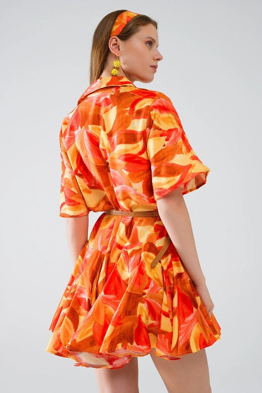 Short Dress with Abstract Print in Brown Red and Brown-Dress-Q2-S-Orange-Urbanheer