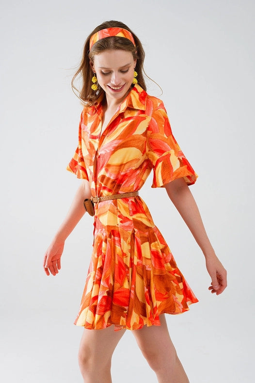 Short Dress with Abstract Print in Brown Red and Brown-Dress-Q2-S-Orange-Urbanheer