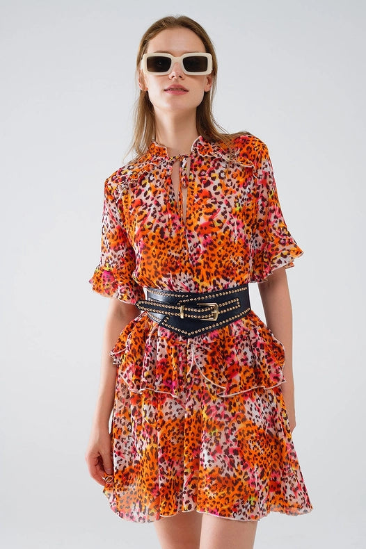 Short Dress with Animal Print in Orange and White-Dress-Q2-S-Orange-Urbanheer