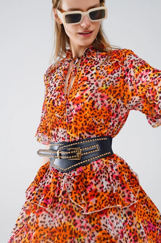 Short Dress with Animal Print in Orange and White-Dress-Q2-S-Orange-Urbanheer