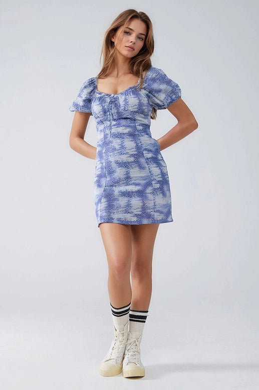 Short Dress with Puff Sleeves in Abstract Blue and White Print-Dress-Q2-S-Blue-Urbanheer