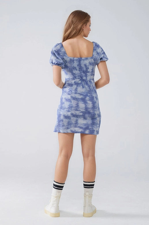 Short Dress with Puff Sleeves in Abstract Blue and White Print-Dress-Q2-S-Blue-Urbanheer
