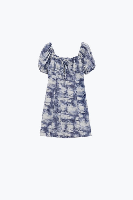Short Dress with Puff Sleeves in Abstract Blue and White Print-Dress-Q2-S-Blue-Urbanheer