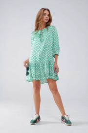 Short Dress with Tie At the Front Details in Ethnic Green Print-Dress-Q2-S-Green-Urbanheer