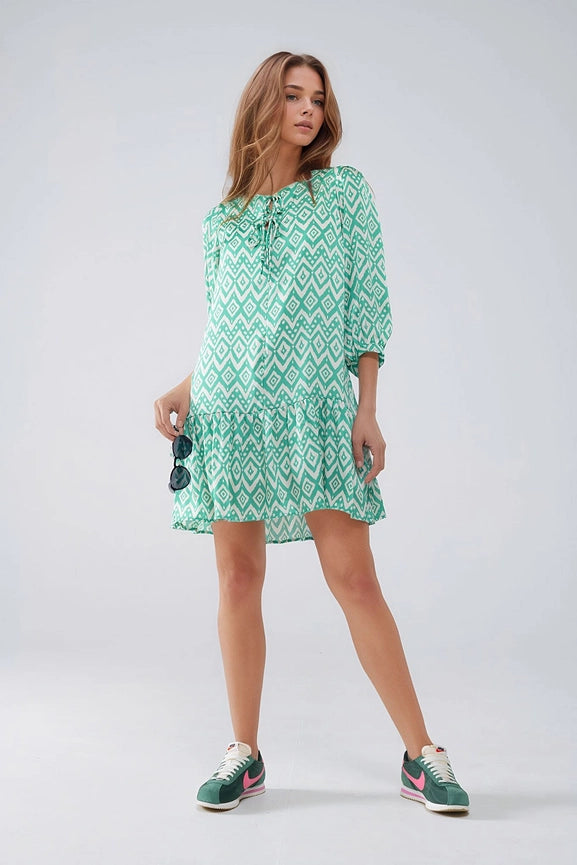 Short Dress with Tie At the Front Details in Ethnic Green Print-Dress-Q2-S-Green-Urbanheer