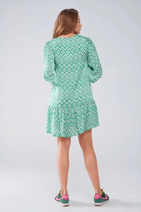 Short Dress with Tie At the Front Details in Ethnic Green Print-Dress-Q2-S-Green-Urbanheer