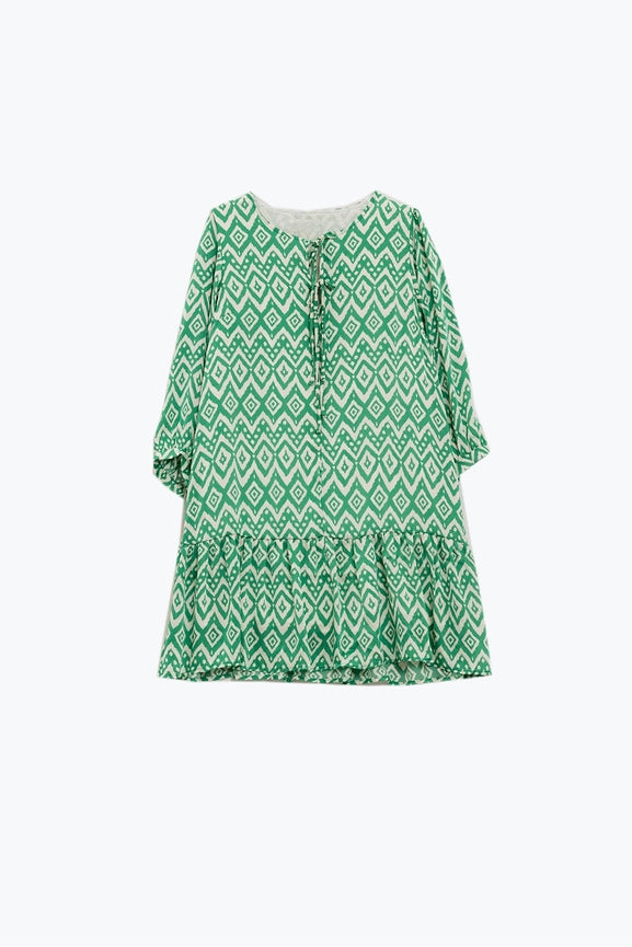 Short Dress with Tie At the Front Details in Ethnic Green Print-Dress-Q2-S-Green-Urbanheer