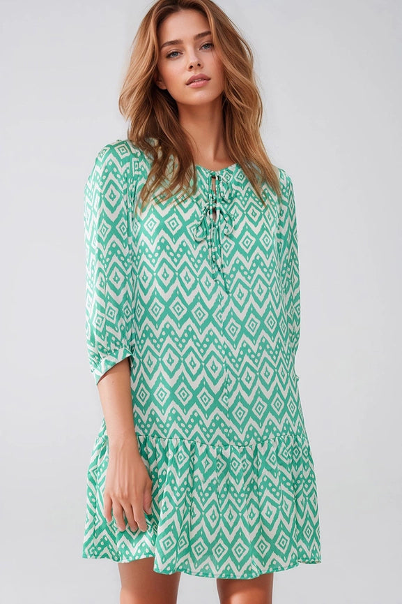 Short Dress with Tie At the Front Details in Ethnic Green Print-Dress-Q2-S-Green-Urbanheer