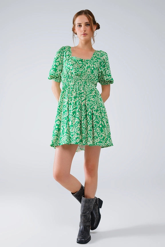 Short Floral Print Dress with Gathered Back in Green-Dress-Q2-S-Green-Urbanheer