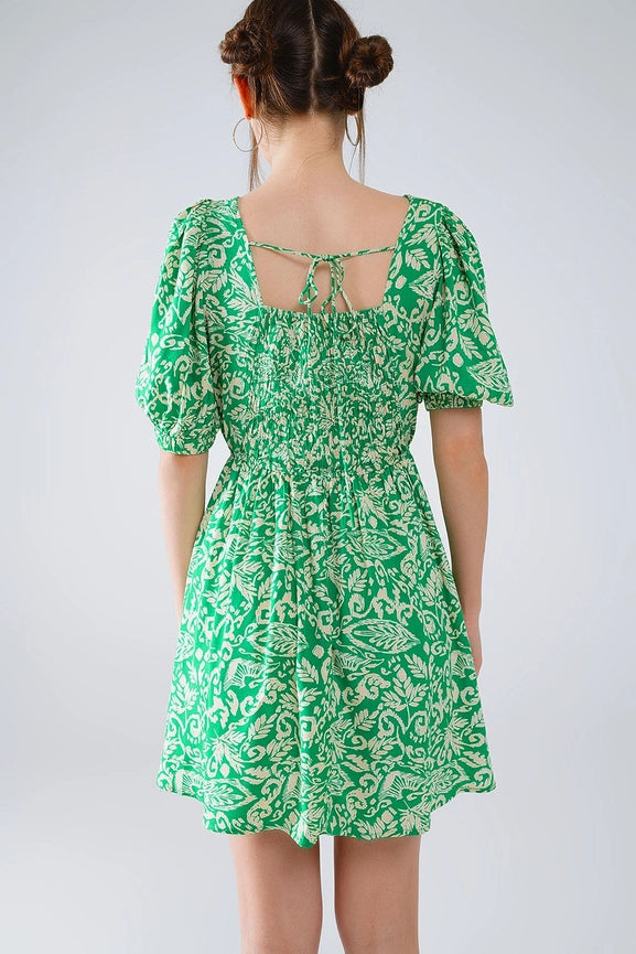 Short Floral Print Dress with Gathered Back in Green-Dress-Q2-S-Green-Urbanheer