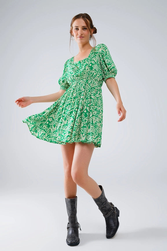 Short Floral Print Dress with Gathered Back in Green-Dress-Q2-S-Green-Urbanheer