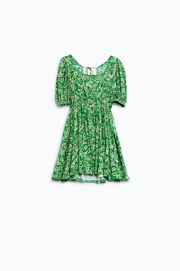 Short Floral Print Dress with Gathered Back in Green-Dress-Q2-S-Green-Urbanheer