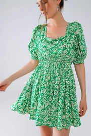 Short Floral Print Dress with Gathered Back in Green-Dress-Q2-S-Green-Urbanheer