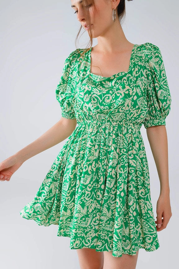 Short Floral Print Dress with Gathered Back in Green-Dress-Q2-S-Green-Urbanheer