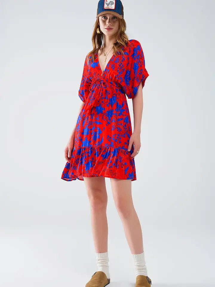 Short Flowy Dress in Red with Blue Floral Print-Dress-Q2-S-Red-Urbanheer