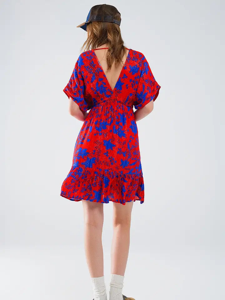 Short Flowy Dress in Red with Blue Floral Print-Dress-Q2-S-Red-Urbanheer