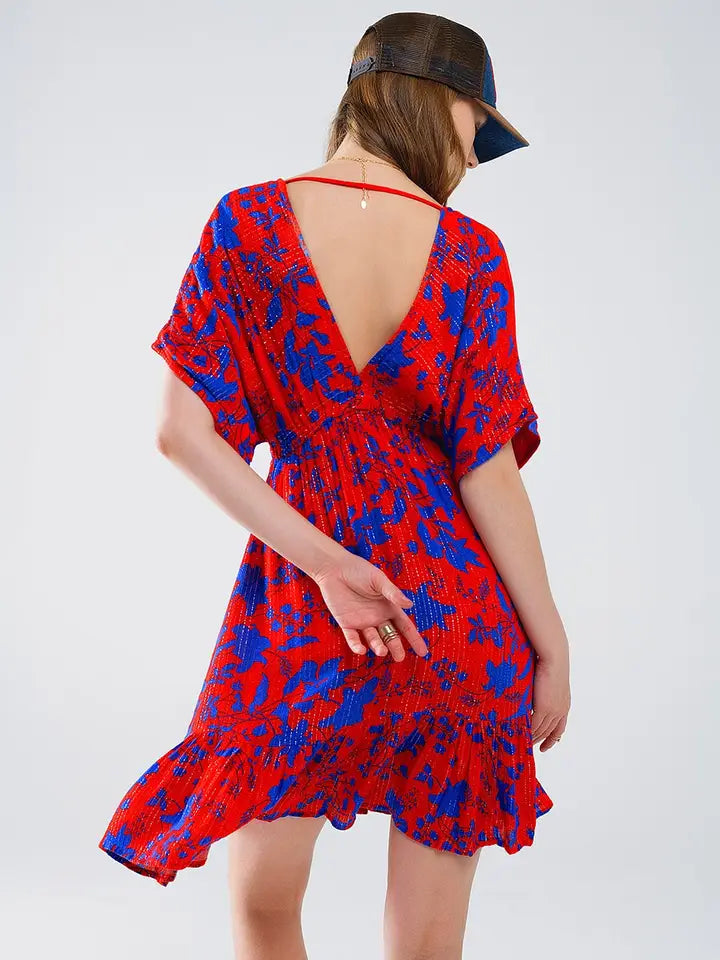 Short Flowy Dress in Red with Blue Floral Print-Dress-Q2-S-Red-Urbanheer