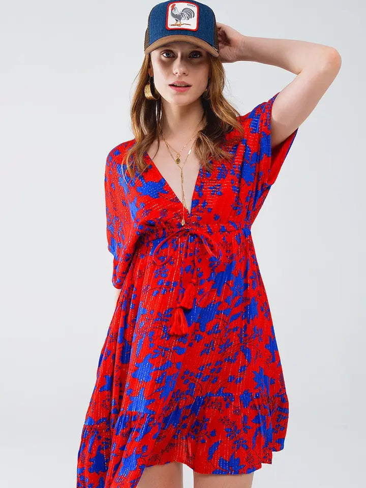 Short Flowy Dress in Red with Blue Floral Print-Dress-Q2-S-Red-Urbanheer