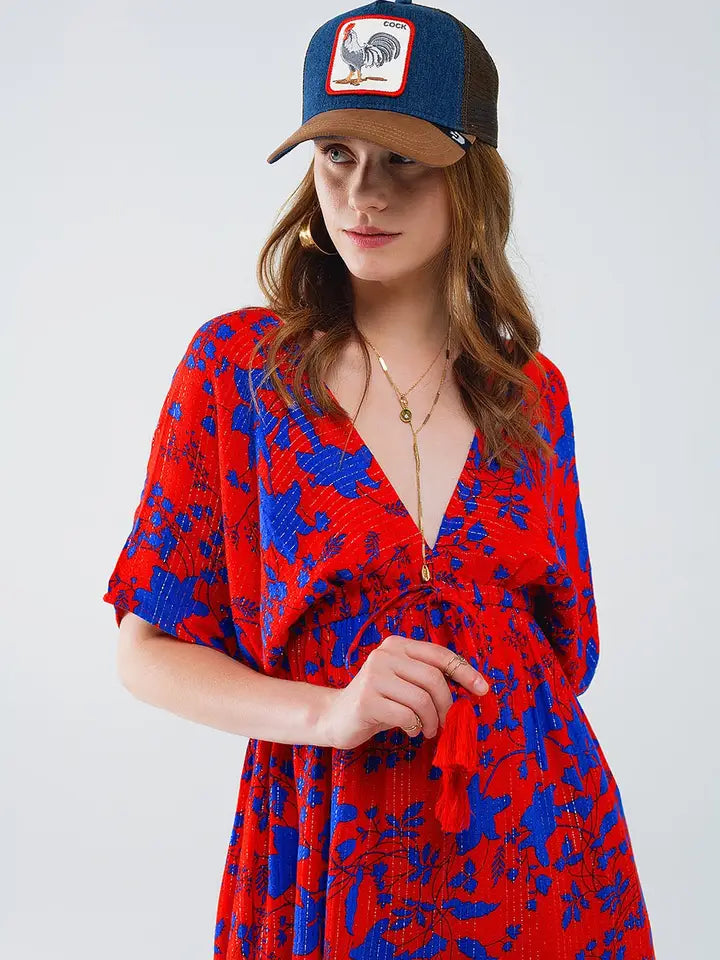 Short Flowy Dress in Red with Blue Floral Print-Dress-Q2-S-Red-Urbanheer