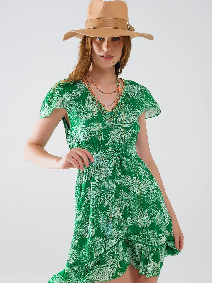 Short Green Boho Flower Print Dress with Open Back-Dress-Q2-S-Green-Urbanheer