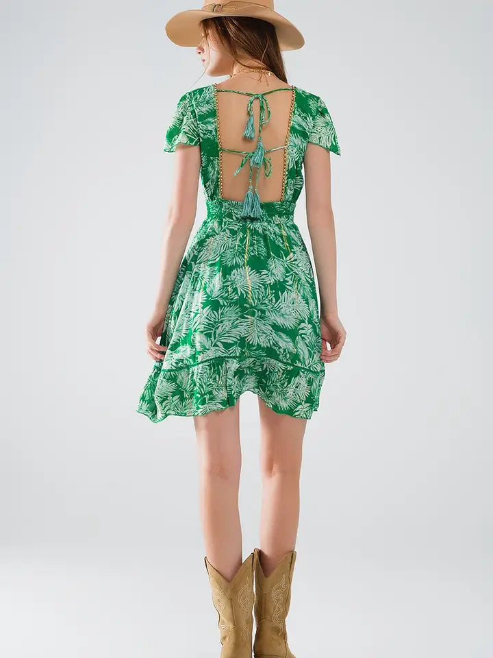 Short Green Boho Flower Print Dress with Open Back-Dress-Q2-S-Green-Urbanheer