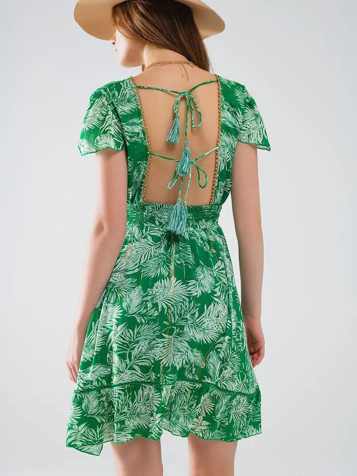 Short Green Boho Flower Print Dress with Open Back-Dress-Q2-S-Green-Urbanheer