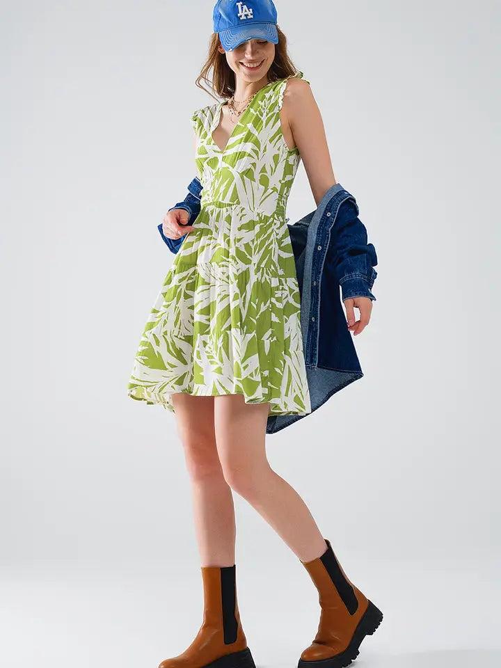 Short Green Dress with Tropical Palm Print-Dress-Q2-S-Green-Urbanheer