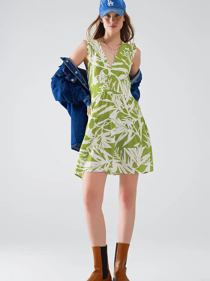 Short Green Dress with Tropical Palm Print-Dress-Q2-S-Green-Urbanheer