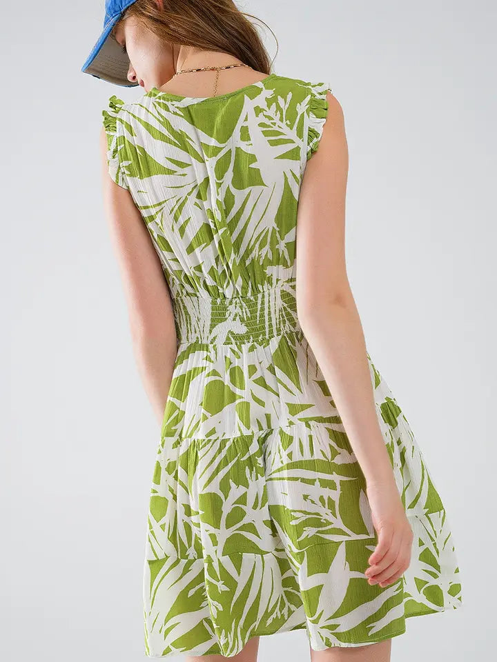 Short Green Dress with Tropical Palm Print-Dress-Q2-S-Green-Urbanheer