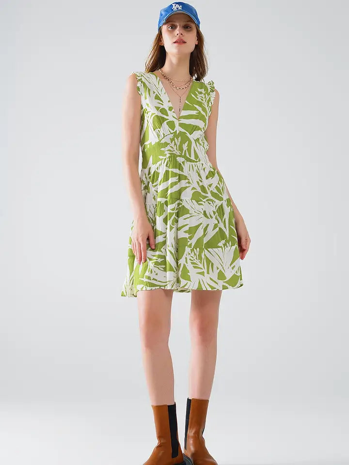 Short Green Dress with Tropical Palm Print-Dress-Q2-S-Green-Urbanheer
