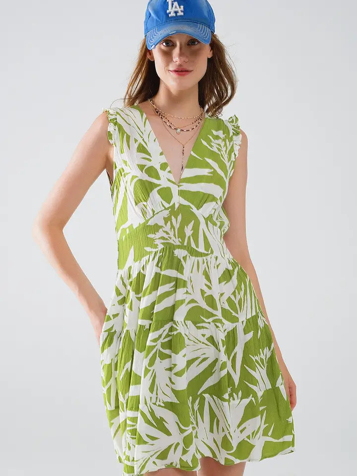 Short Green Dress with Tropical Palm Print-Dress-Q2-S-Green-Urbanheer