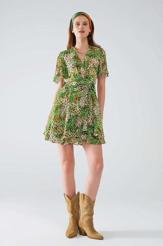 Short Green Multicolored Dress with Crossed Top with Animal Print-Dress-Q2-S-Green-Urbanheer