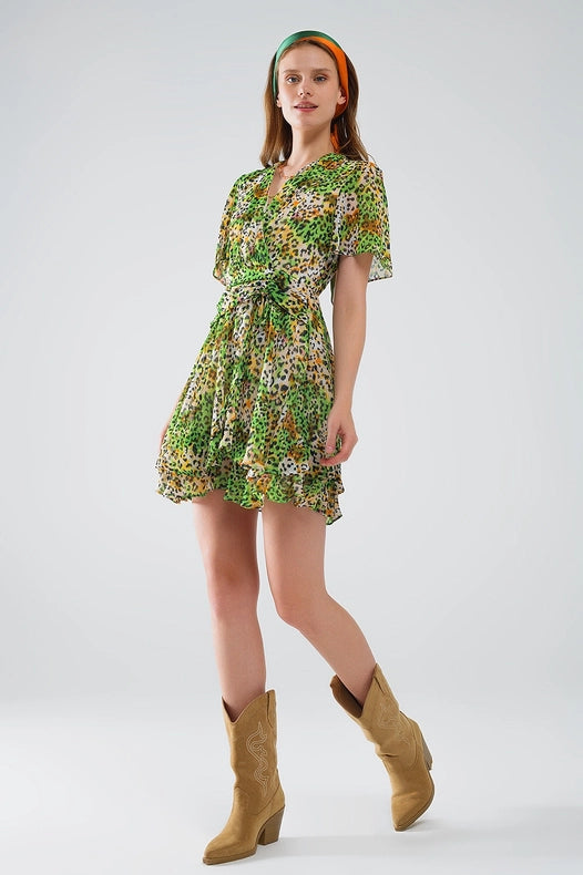Short Green Multicolored Dress with Crossed Top with Animal Print-Dress-Q2-S-Green-Urbanheer