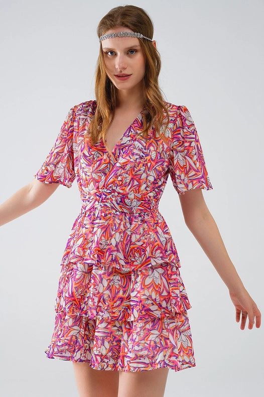 Short Multicolor Chiffon Dress with Floral Print and Ruched Design-Dress-Q2-S-Orange-Urbanheer