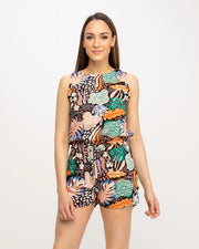 Short Printed Jumpsuit with Adjustable Waist and Pockets-Top-Tantra-S-Black-Urbanheer