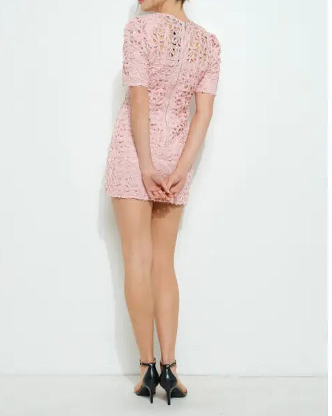 Short Puff Sleeve Crochet Lace Mini Dress-Dress-INA-S-PINK-Urbanheer