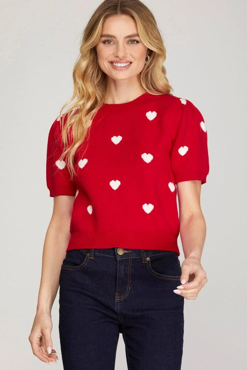 Short Puff Sleeve Heart Pattern Sweater Top-Sweater Top-Peace Love Line-S-RED-Urbanheer