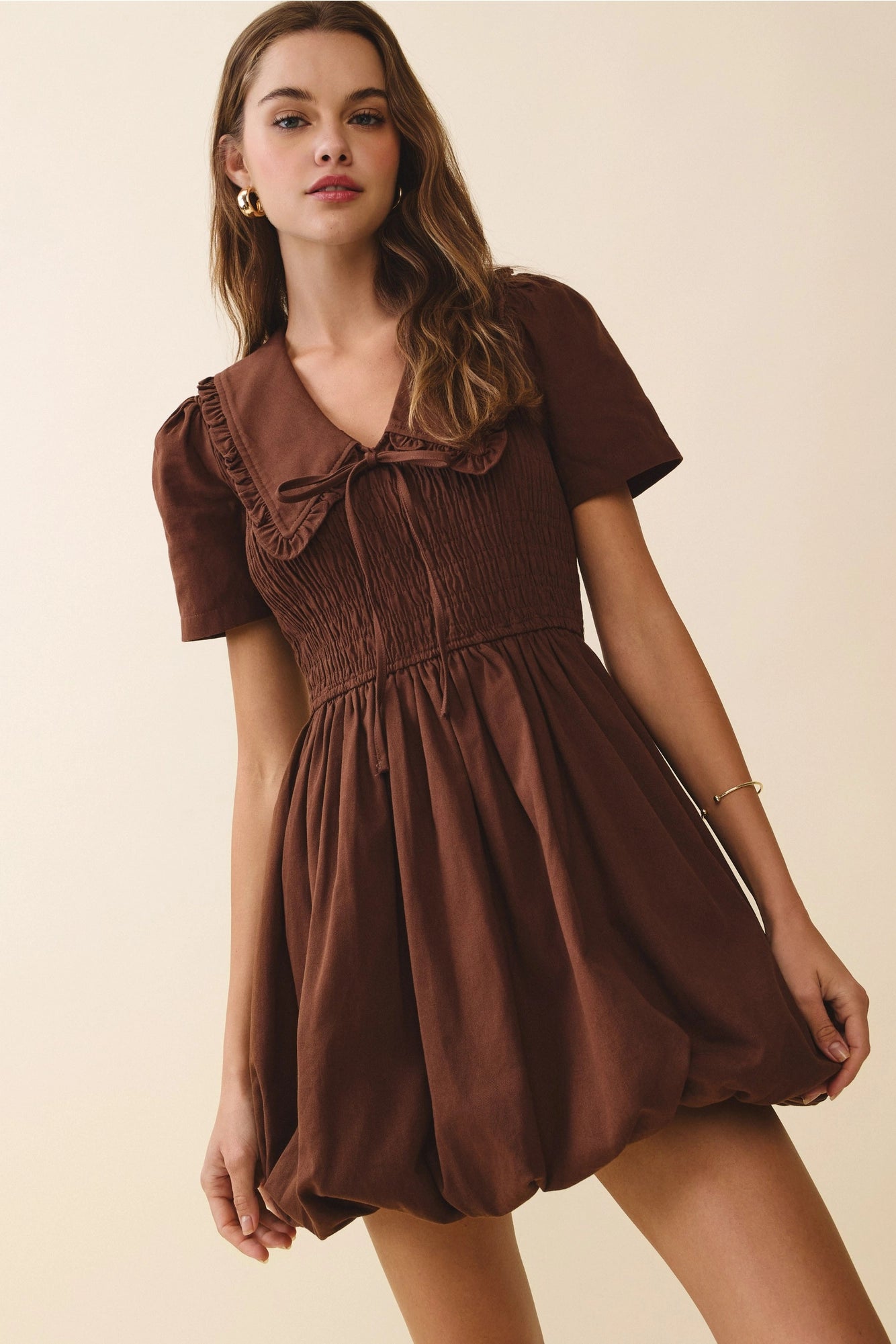Short Puff Sleeve Shirred Bodice Bubble Dress