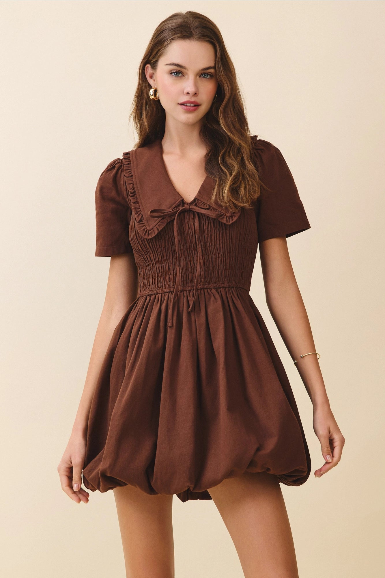 Short Puff Sleeve Shirred Bodice Bubble Dress