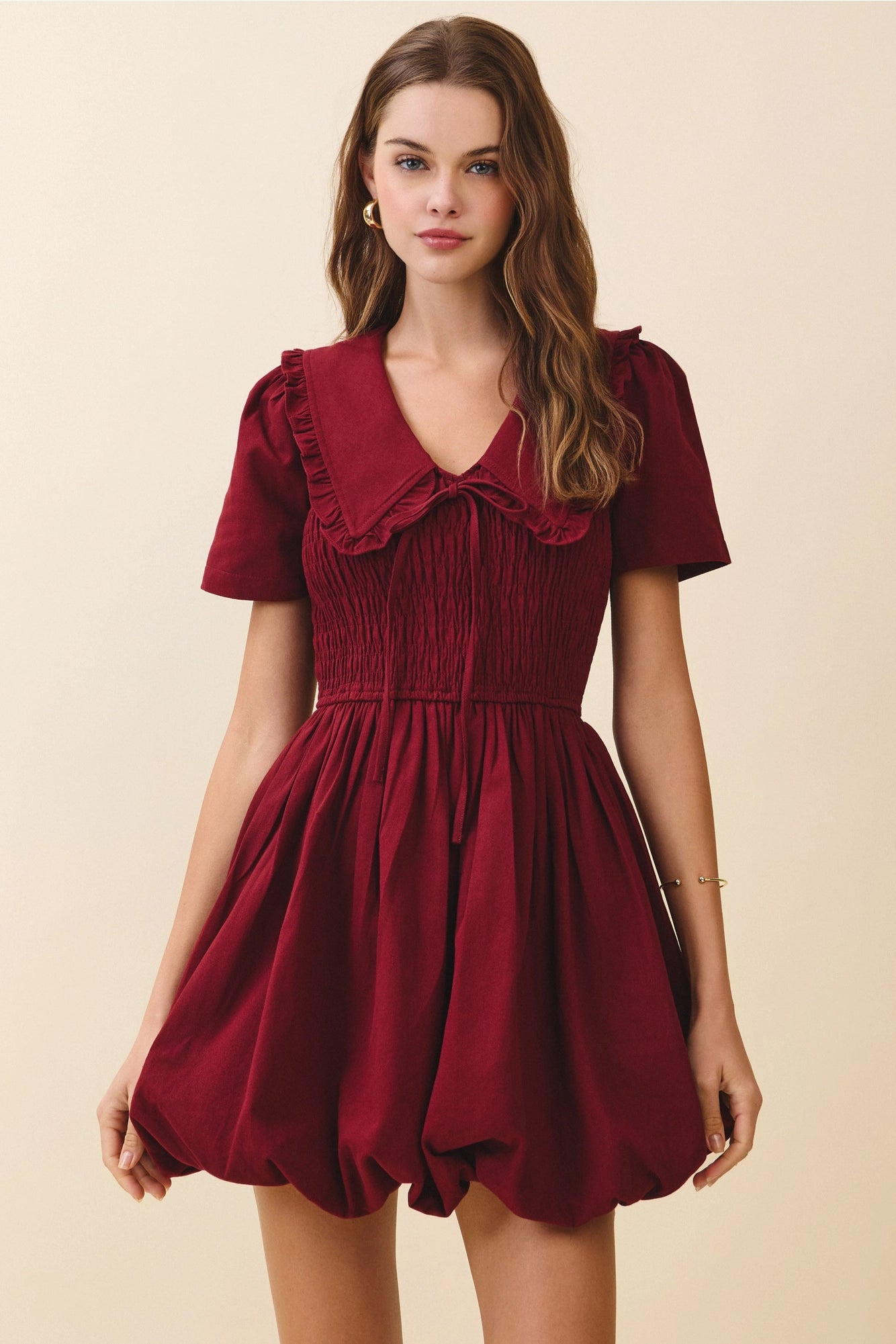 Short Puff Sleeve Shirred Bodice Bubble Dress