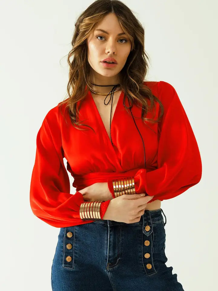Short Red Crop Top with Long and Wide Sleeves-Top-Q2-S-Red-Urbanheer