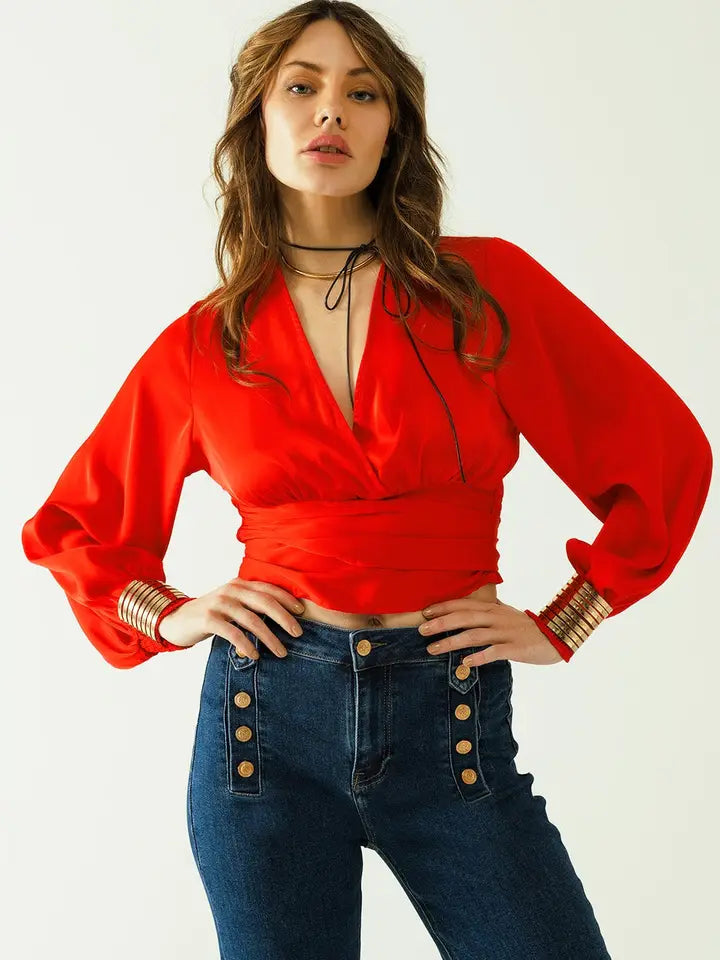 Short Red Crop Top with Long and Wide Sleeves-Top-Q2-S-Red-Urbanheer