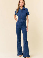 Short Sleeve Boot Leg Cut Denim Jumpsuit