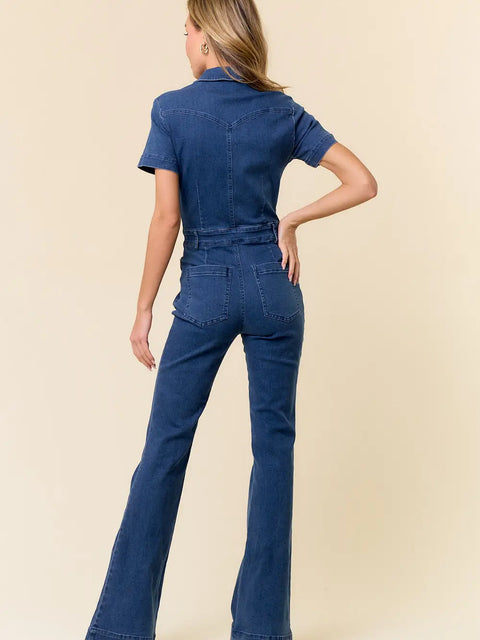 Short Sleeve Boot Leg Cut Denim Jumpsuit