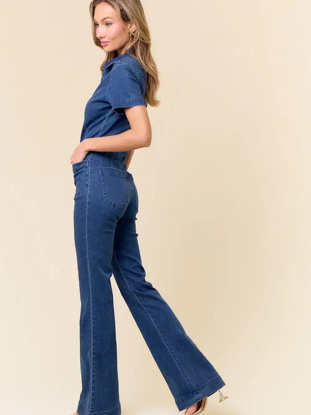 Short Sleeve Boot Leg Cut Denim Jumpsuit