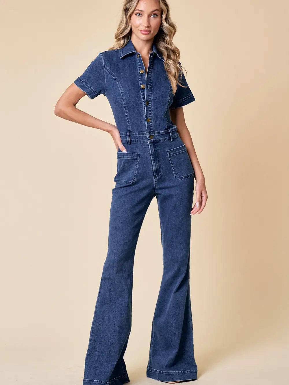 Short Sleeve Boot Leg Cut Denim Jumpsuit
