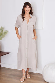 Short Sleeve Button Down Linen Long Dress BEIGE-Dress-VENTI6-S-Urbanheer