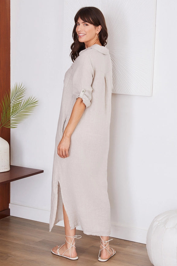 Short Sleeve Button Down Linen Long Dress BEIGE-Dress-VENTI6-S-Urbanheer