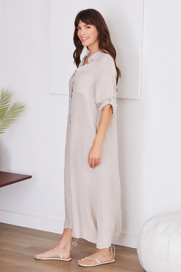 Short Sleeve Button Down Linen Long Dress BEIGE-Dress-VENTI6-S-Urbanheer