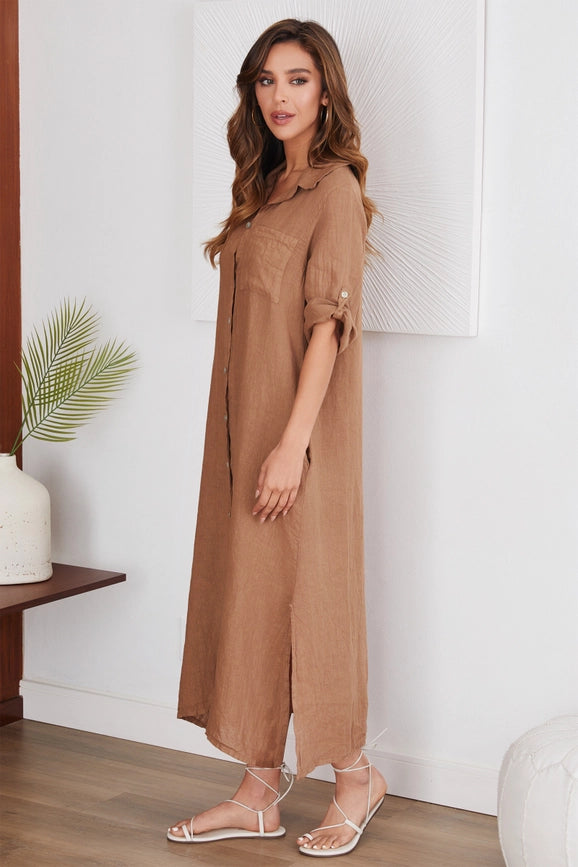 Short Sleeve Button Down Linen Long Dress CAMEL-Dress-VENTI6-S-Urbanheer